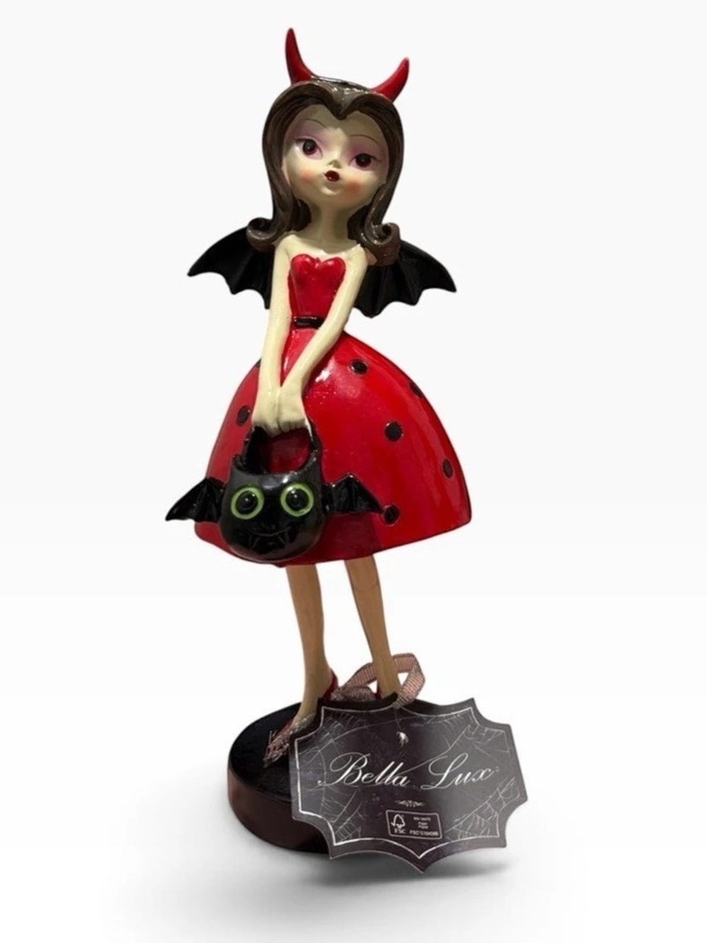 Bella Lux Halloween Devil Girl Figurine with Bat Bag Red & Black